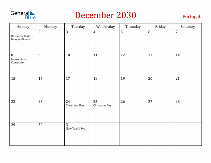 Portugal December 2030 Calendar - Sunday Start