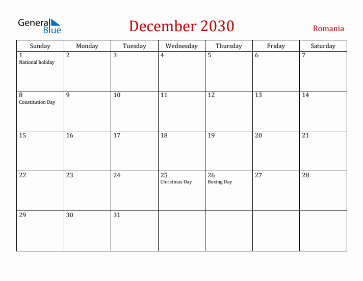 Romania December 2030 Calendar - Sunday Start