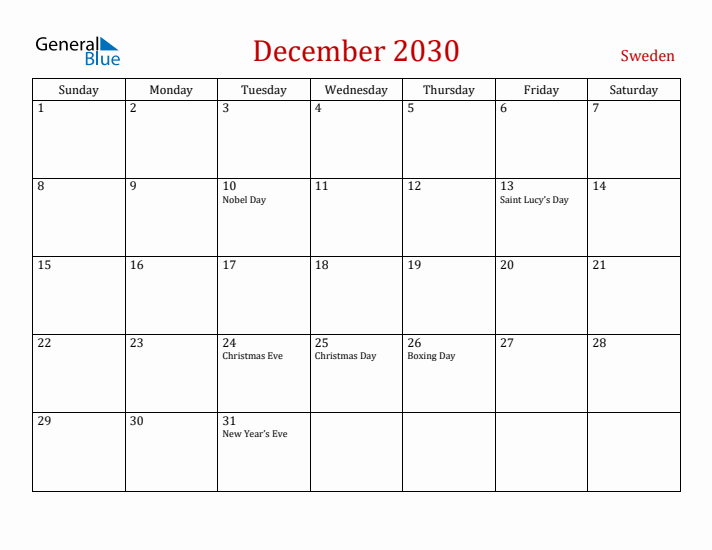 Sweden December 2030 Calendar - Sunday Start