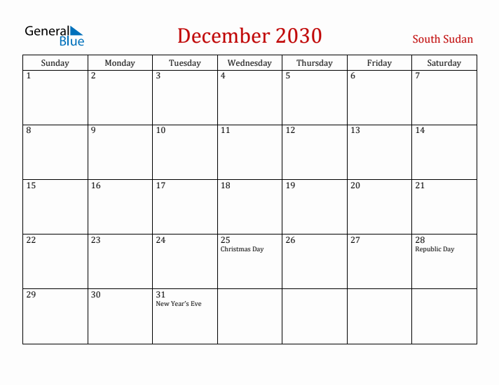South Sudan December 2030 Calendar - Sunday Start