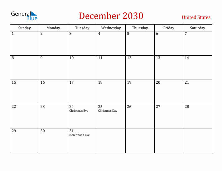 United States December 2030 Calendar - Sunday Start