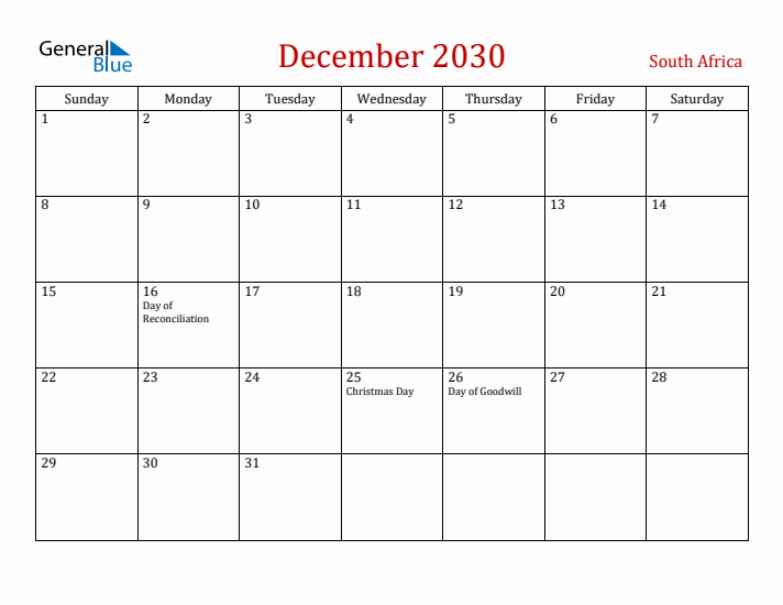 South Africa December 2030 Calendar - Sunday Start