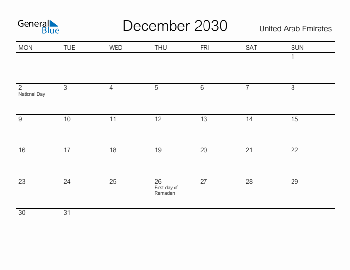 Printable December 2030 Calendar for United Arab Emirates