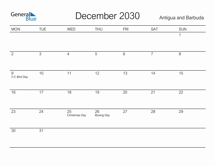 Printable December 2030 Calendar for Antigua and Barbuda
