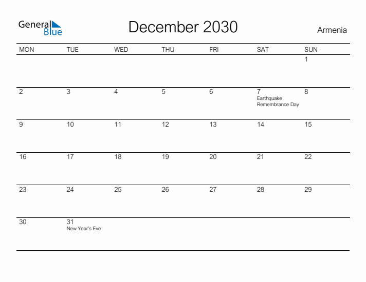 Printable December 2030 Calendar for Armenia