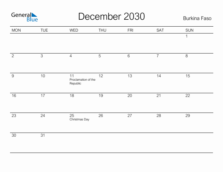 Printable December 2030 Calendar for Burkina Faso