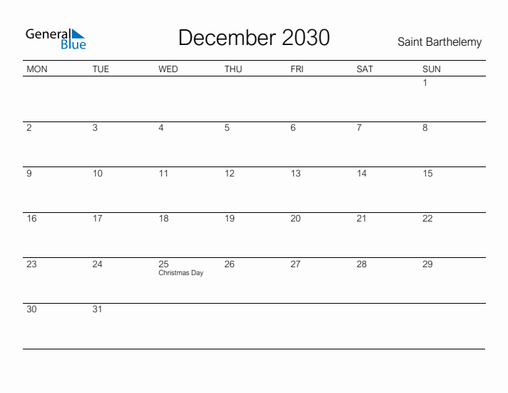 Printable December 2030 Calendar for Saint Barthelemy