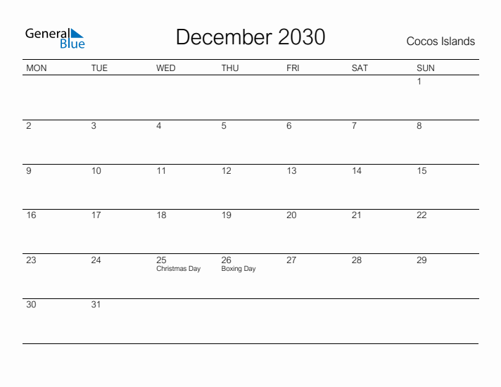 Printable December 2030 Calendar for Cocos Islands