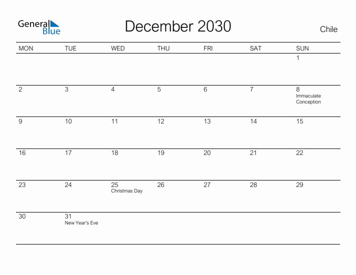 Printable December 2030 Calendar for Chile
