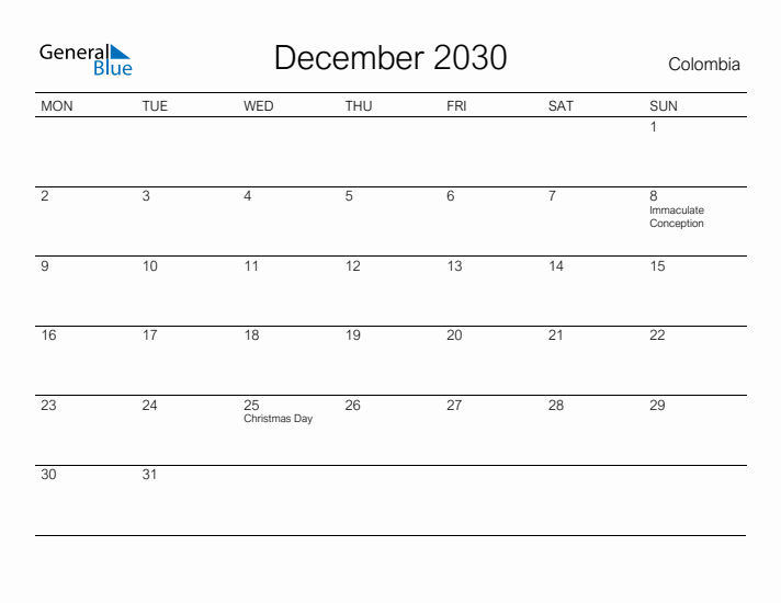 Printable December 2030 Calendar for Colombia