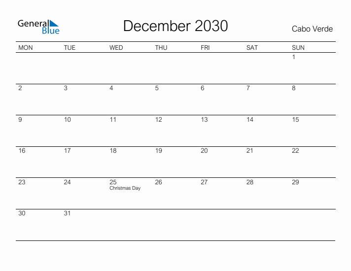Printable December 2030 Calendar for Cabo Verde