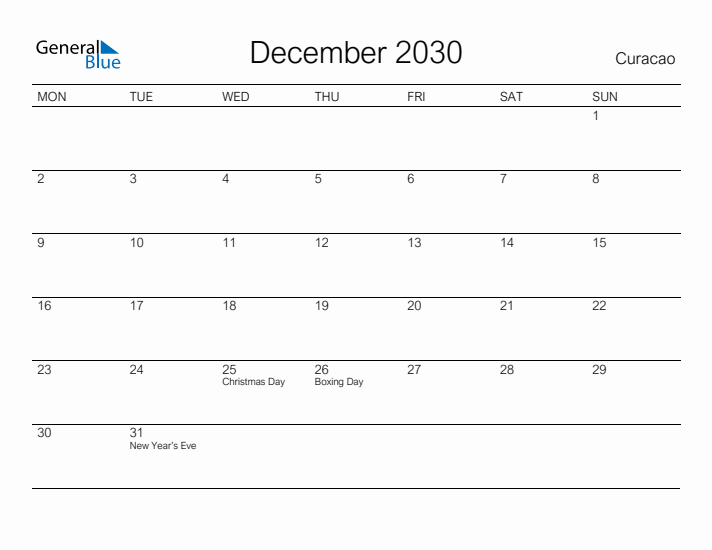 Printable December 2030 Calendar for Curacao