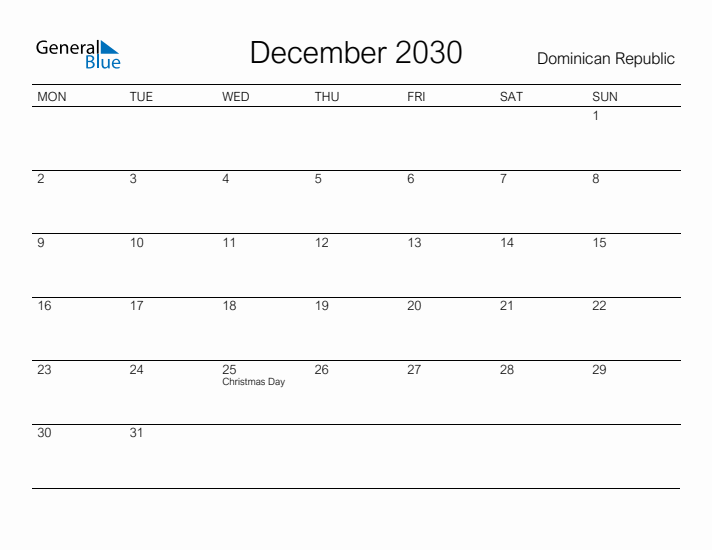 Printable December 2030 Calendar for Dominican Republic