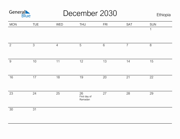 Printable December 2030 Calendar for Ethiopia