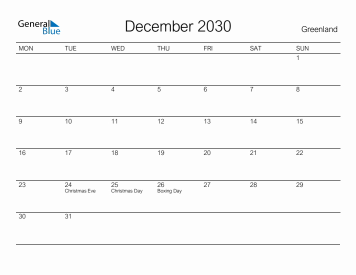 Printable December 2030 Calendar for Greenland