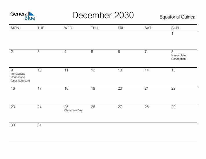 Printable December 2030 Calendar for Equatorial Guinea
