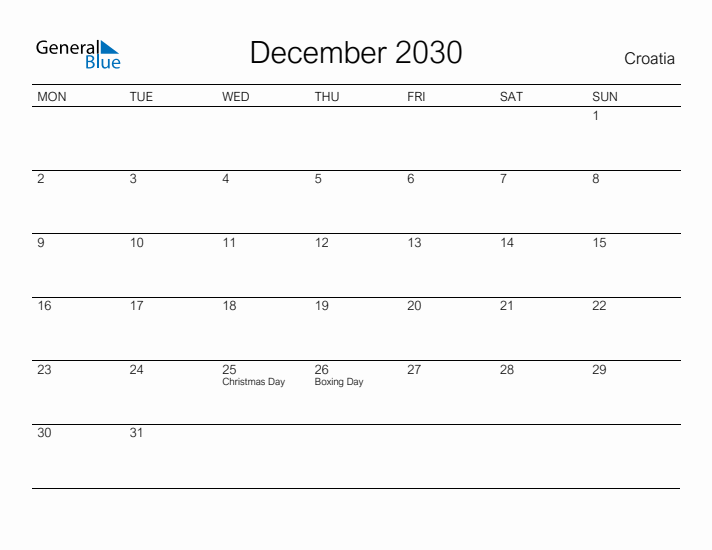 Printable December 2030 Calendar for Croatia