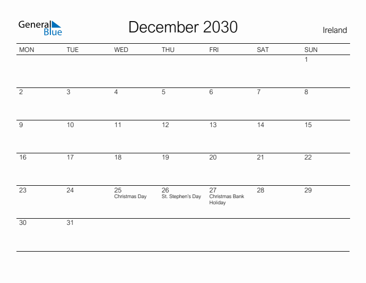 Printable December 2030 Calendar for Ireland