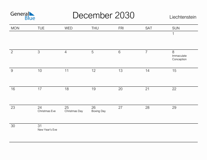 Printable December 2030 Calendar for Liechtenstein