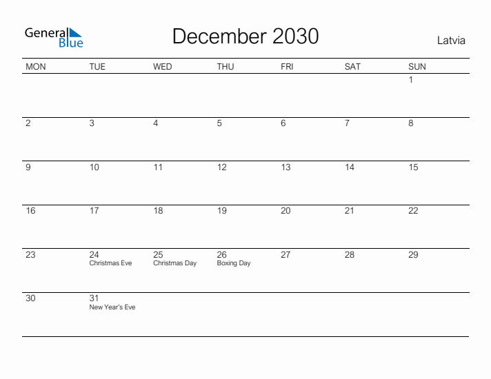 Printable December 2030 Calendar for Latvia