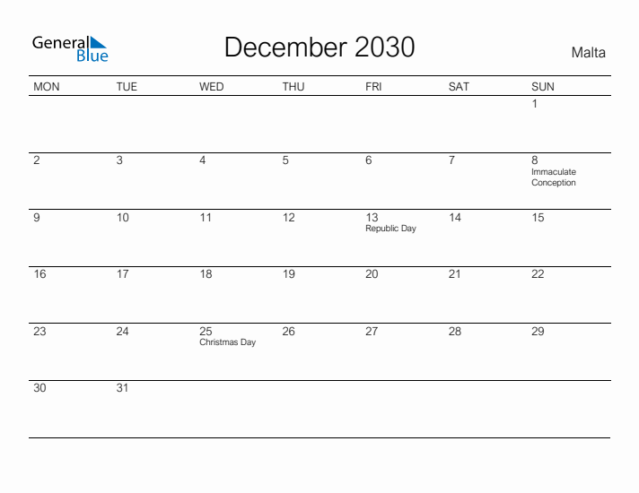 Printable December 2030 Calendar for Malta