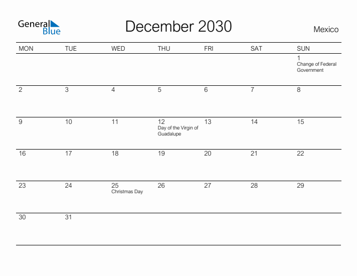 Printable December 2030 Calendar for Mexico
