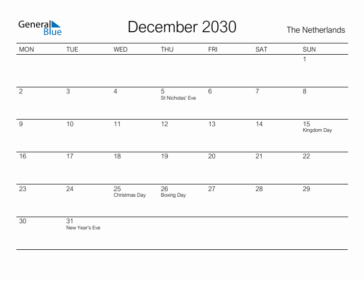 Printable December 2030 Calendar for The Netherlands