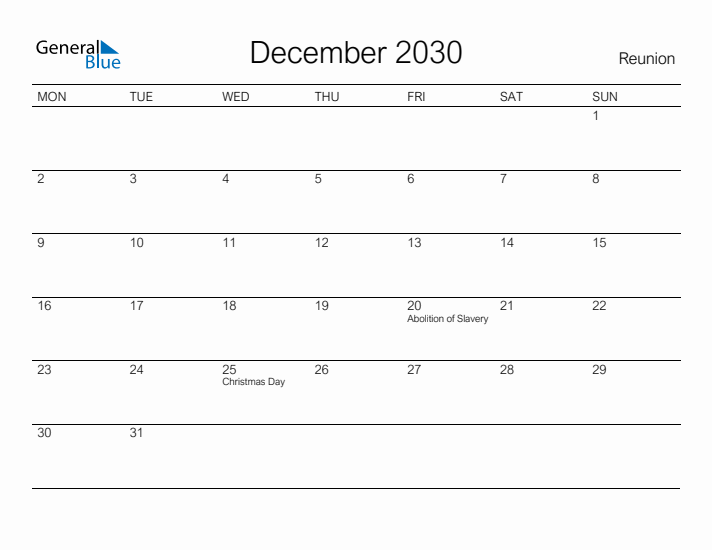 Printable December 2030 Calendar for Reunion