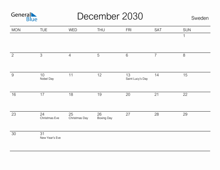 Printable December 2030 Calendar for Sweden