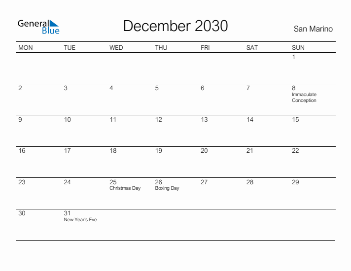 Printable December 2030 Calendar for San Marino