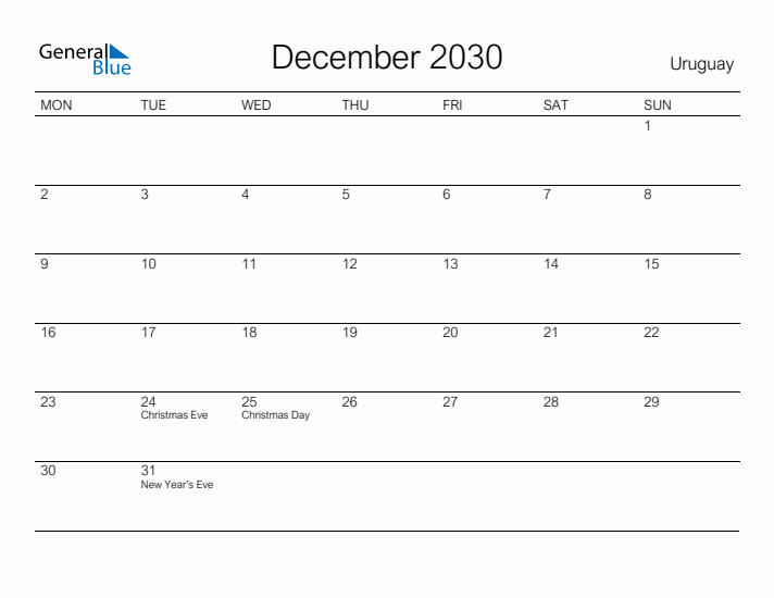 Printable December 2030 Calendar for Uruguay