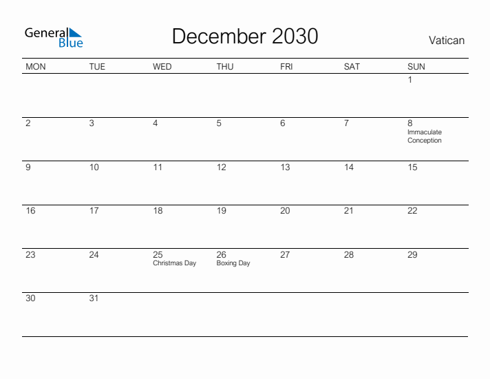 Printable December 2030 Calendar for Vatican