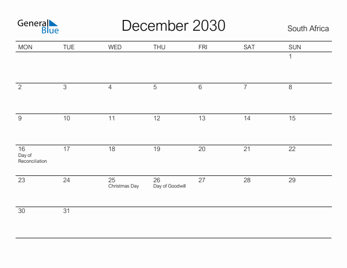 Printable December 2030 Calendar for South Africa