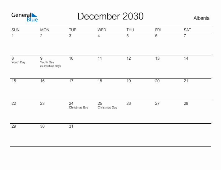 Printable December 2030 Calendar for Albania