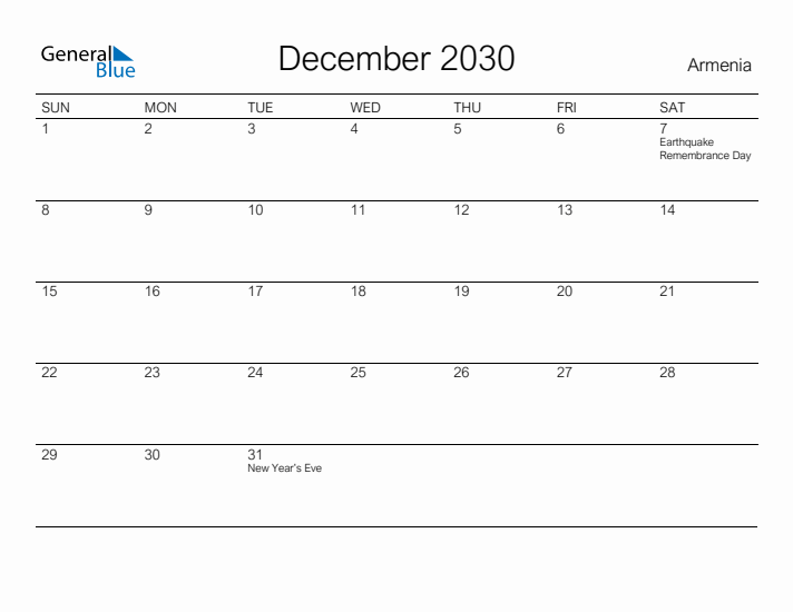 Printable December 2030 Calendar for Armenia