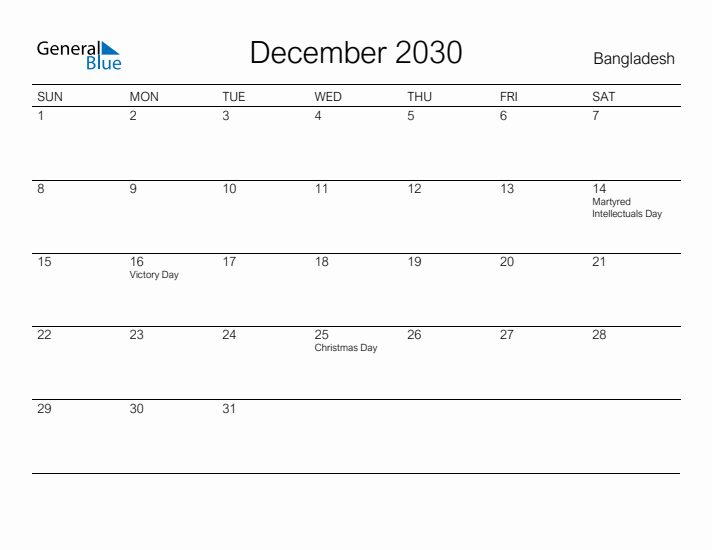 Printable December 2030 Calendar for Bangladesh