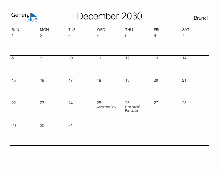 Printable December 2030 Calendar for Brunei