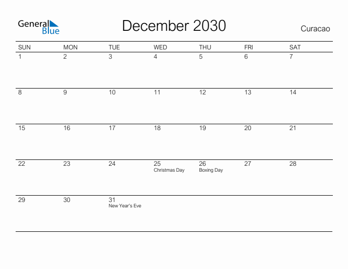 Printable December 2030 Calendar for Curacao