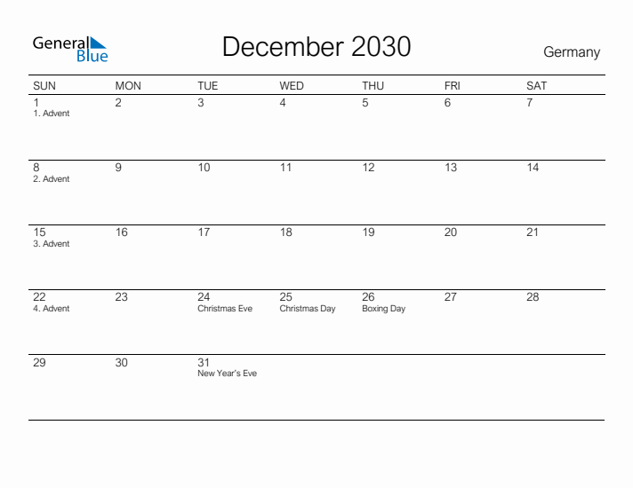 Printable December 2030 Calendar for Germany