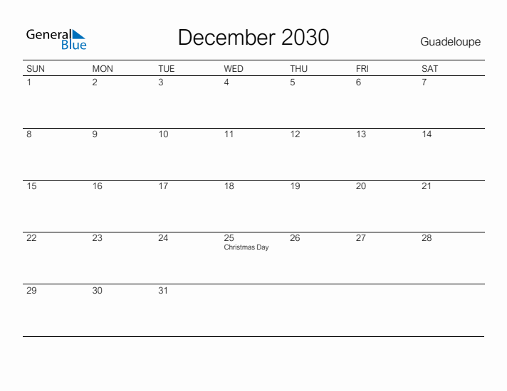 Printable December 2030 Calendar for Guadeloupe