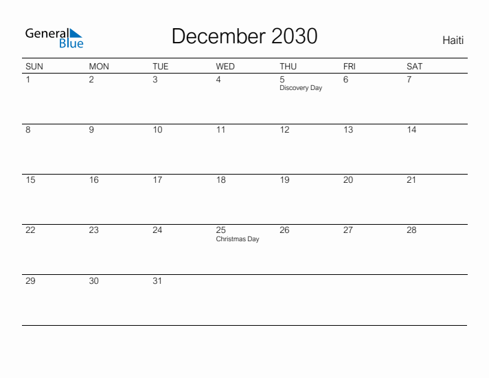 Printable December 2030 Calendar for Haiti