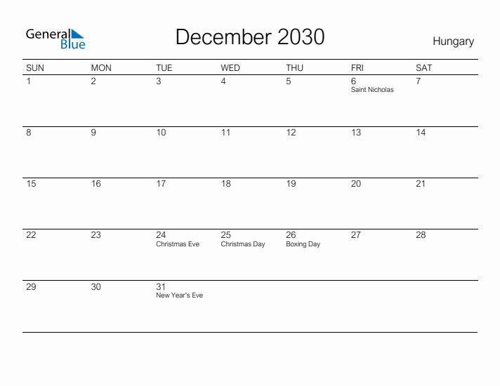 Printable December 2030 Calendar for Hungary