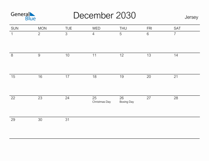 Printable December 2030 Calendar for Jersey
