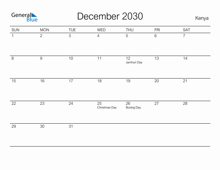 Printable December 2030 Calendar for Kenya
