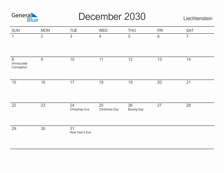 Printable December 2030 Calendar for Liechtenstein