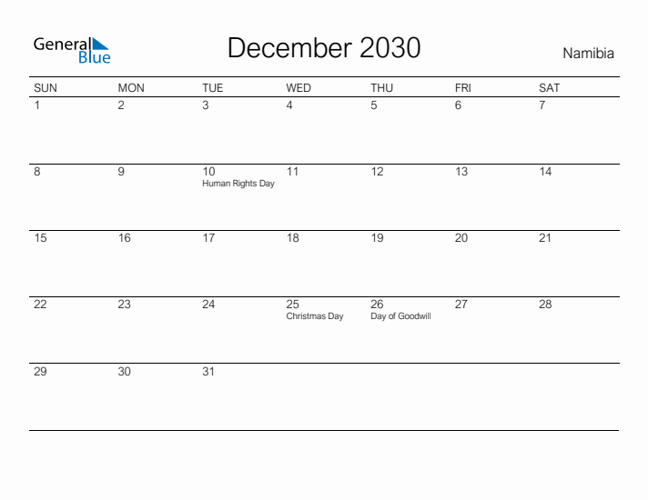 Printable December 2030 Calendar for Namibia