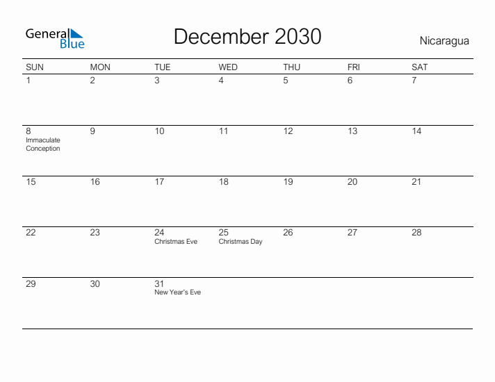 Printable December 2030 Calendar for Nicaragua