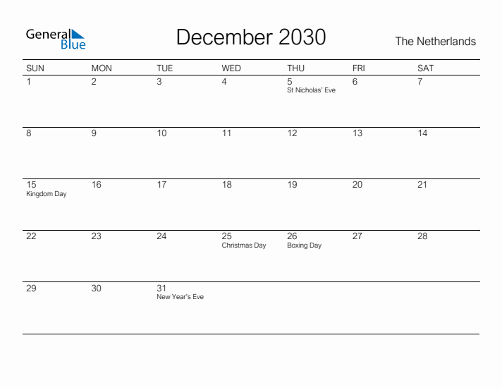 Printable December 2030 Calendar for The Netherlands