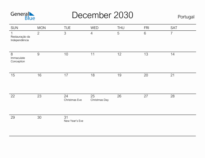 Printable December 2030 Calendar for Portugal