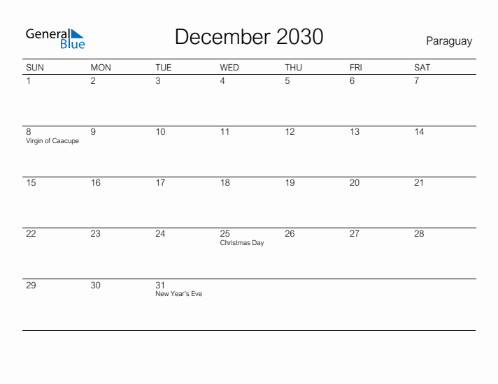 Printable December 2030 Calendar for Paraguay